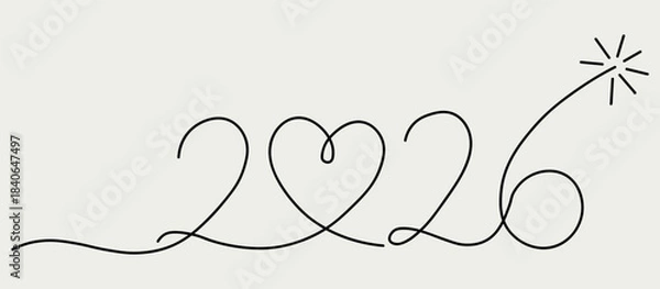 Fototapeta A minimalist and elegant continuous line art drawing of the year 2026 featuring a charming heart shape integrated into the design and ending with a festive sparkler creating a modern aesthetic