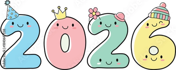Fototapeta Adorable cartoon numbers spelling out two thousand twentysix with cute smiling faces and festive hats representing a happy new year celebration and upcoming calendar events for charming designs