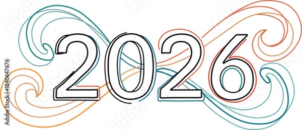 Fototapeta Stylized outlined year 2026 text featuring vibrant flowing organic wavy lines creating a decorative artistic frame perfect for a new year celebration graphic or future oriented design element