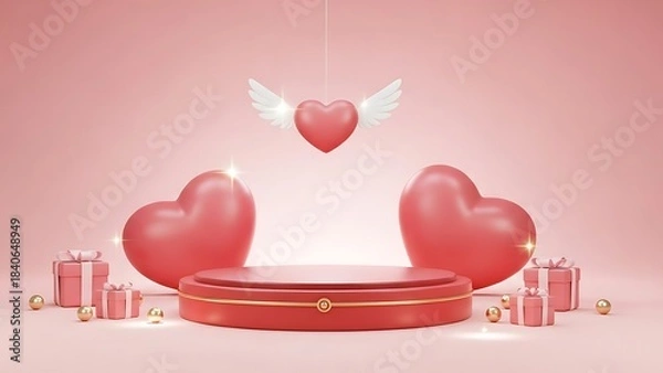 Fototapeta Valentine's Day display with flying heart, large hearts, gift boxes, and podium on a pink background