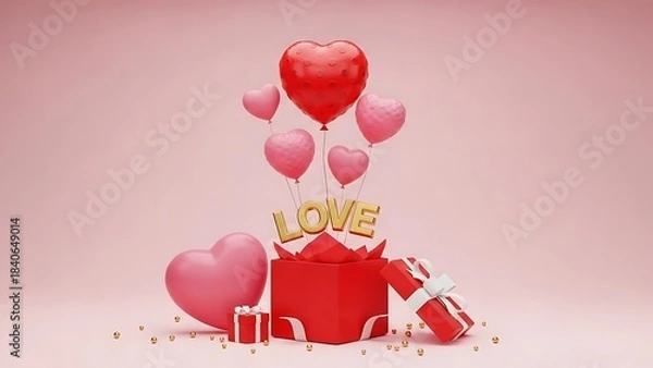 Fototapeta 3D render of a red gift box opening with "LOVE" letters, heart balloons, and presents on a pink background for Valentine's Day.
