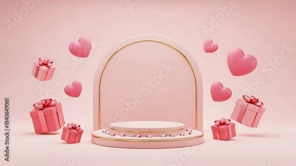 Fototapeta 3D render of a product display podium with an arch, surrounded by pink heart balloons and gift boxes on a pink background for Valentine's Day.