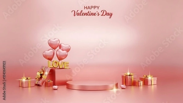 Fototapeta 3D render of a product display podium with "LOVE" letters, heart balloons, and golden gift boxes on a gradient pink background for Valentine's Day.