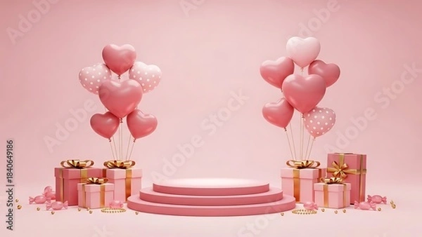 Fototapeta 3D render of a product display podium flanked by heart balloons, pink gift boxes, and candy on a pink background for Valentine's Day.