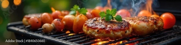 Obraz Summer grilling sale event banner featuring sizzling burgers, hot dogs, and kebabs on a charcoal grill, perfect for backyard BBQ promotions ,  seafood,  affordable