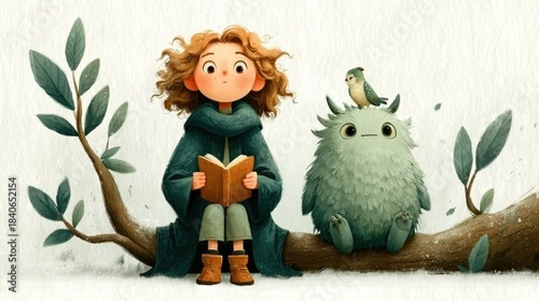 Fototapeta Whimsical girl reading a book with cute forest creature — cozy children’s illustration