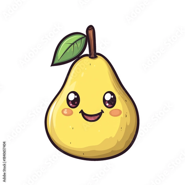 Obraz Adorable kawaii pear design isolated on white or transparent PNG background. Perfect for cute food, Japanese style, and children designs. Premium cartoon fruit illustration for creative projects.