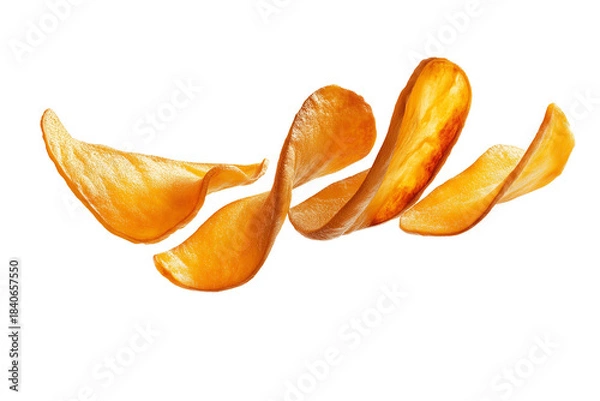 Obraz Flying crispy golden potato fries, isolated on a white or transparent PNG background. High-resolution food image ideal for fast food ads, menus, web banners and creative snack designs.