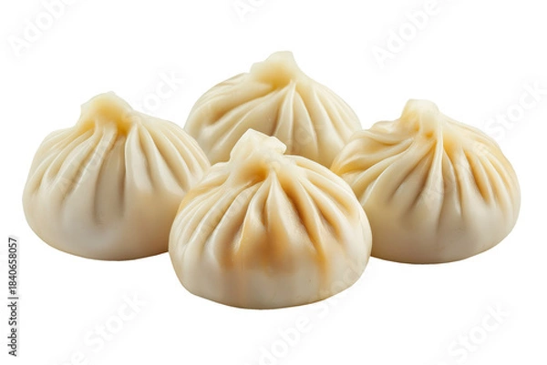 Obraz Steamed dim sum dumpling food, isolated on a white or transparent "PNG" background. High-resolution Asian cuisine image perfect for menus, packaging, blogs, ads and restaurant branding.