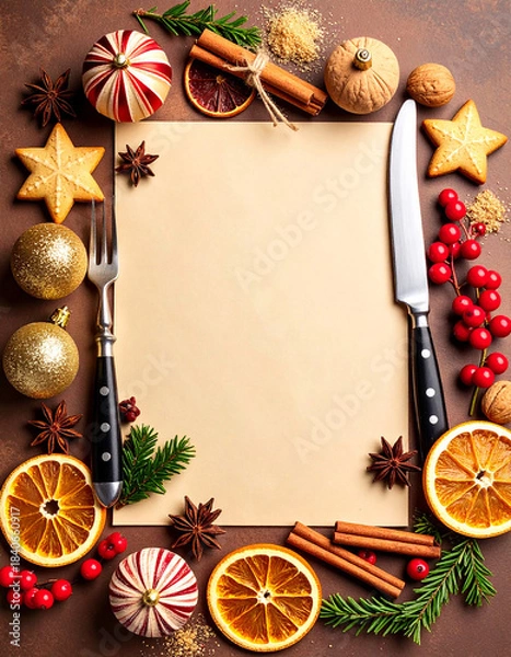 Fototapeta Diseño plantilla con espacio libre para menú de comida y cena de navidad o fiesta de fin de año con marco de decoracion navideña, cubiertos y frutos secos