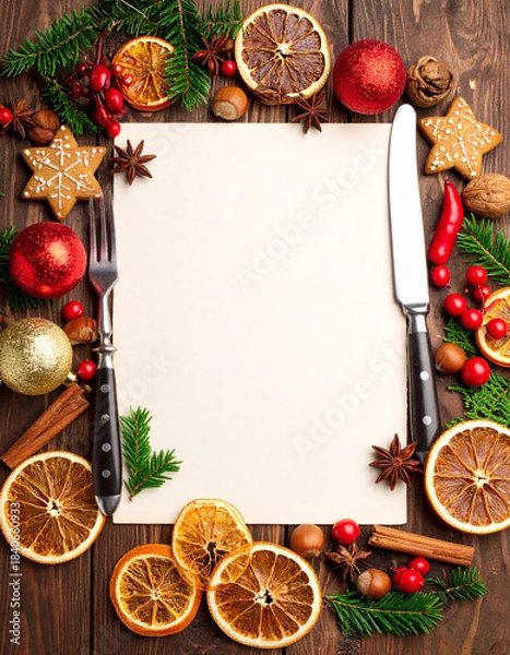 Fototapeta Diseño plantilla con espacio libre para menú de comida y cena de navidad o fiesta de fin de año con marco de decoracion navideña, cubiertos y frutos secos