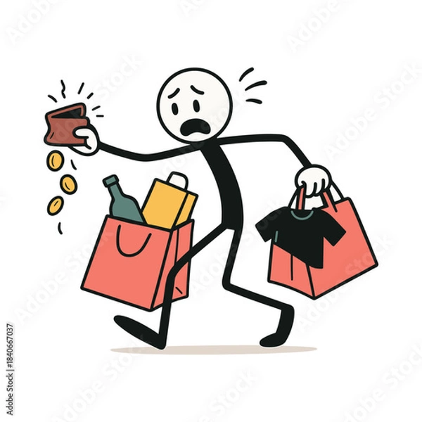 Obraz Shopping Impulsively - Wallet Shrinking Stickman Figures Vector Design