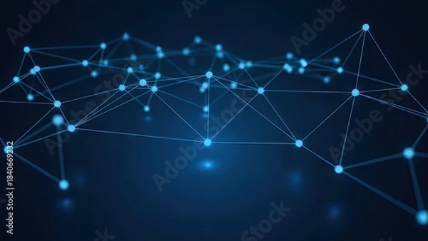Fototapeta Abstract blue glowing network of connected nodes and lines on a dark background connection technology