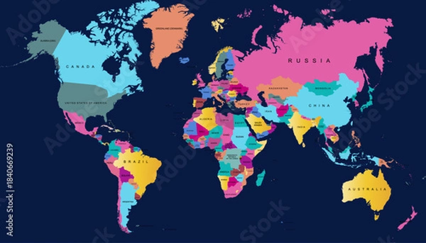 Fototapeta World map. Color modern vector map. Silhouette map.