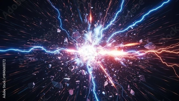 Fototapeta Abstract Explosion of Blue and Orange Lightning and Debris energy power