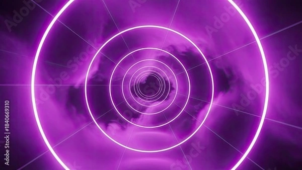 Fototapeta Abstract purple neon tunnel with swirling cloud-like patterns and concentric circles glowing