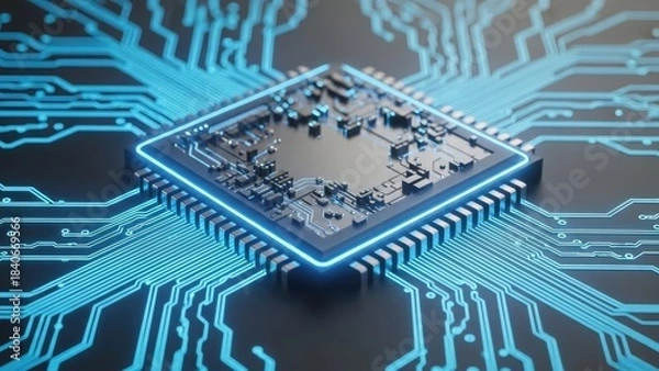 Fototapeta Close-up of a central processing unit chip on a glowing blue circuit board processor microchip