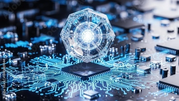 Fototapeta Futuristic crystal core glowing on a complex circuit board with blue illuminated pathways technology