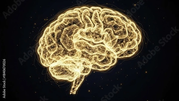 Fototapeta Glowing Yellow Wireframe Human Brain with Sparkles image photo