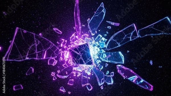 Fototapeta Shattering Cube Exploding into Neon Purple and Blue Shards abstract explosion