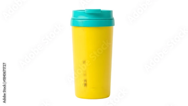 Obraz Yellow water bottle with teal cap isolated on transparent background.