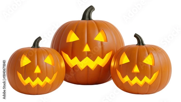 Obraz Three carved halloween pumpkins glowing isolated on transparent background.