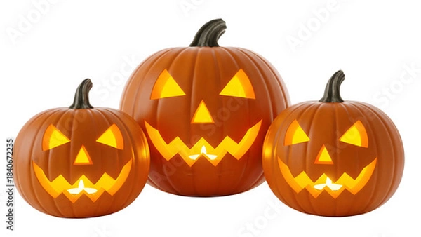 Obraz Three carved halloween pumpkins with glowing faces isolated on transparent background.