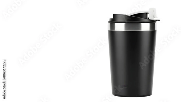 Obraz Black travel tumbler with white straw isolated on transparent background.