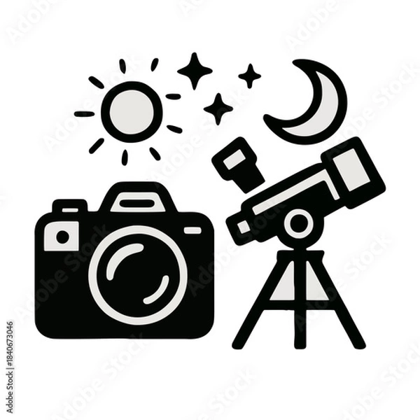 Fototapeta A minimalist black-and-white glyph for astrophotography, featuring a camera, telescope on a tripod, sun, stars, and crescent moon