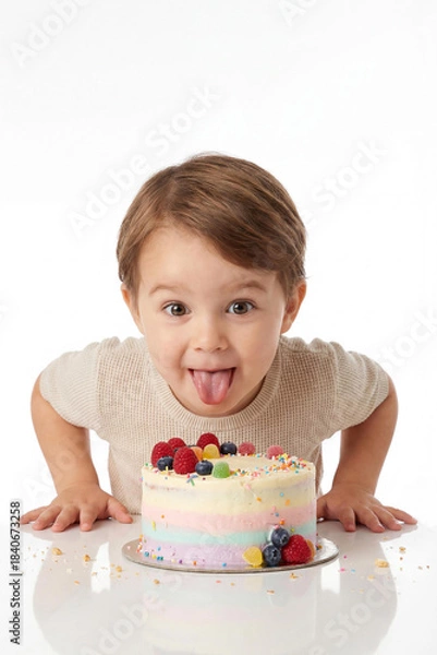 Fototapeta Young Caucasian child leans forward with tongue out, excited by colorful cake topped with fruit and candy. A joyful moment of celebration, ideal for birthday, party, or playful food content.