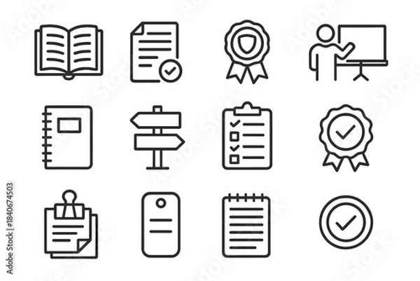 Fototapeta Instructor Support Icons. Instructor Support Materials linear set: teaching guide, agenda sheet, trainer emblem, board graphic, learner workbook, direction pointer, progress