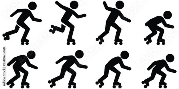 Obraz Roller skating stickman set, Skater action figure pack, Inline movement silhouette collection