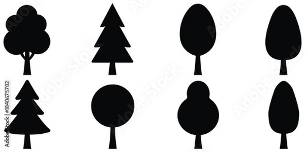 Obraz Tree silhouette icon set, Nature foliage shape pack, Botanical forest symbol collection