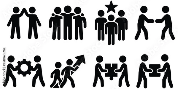 Obraz Teamwork stickman figure set, Leadership and cooperation pack, Group activity silhouette collection