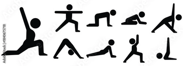 Obraz Yoga pose stickman set, Stretching exercise figure pack, Fitness flexibility silhouette collection