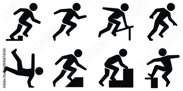 Obraz Extreme action stickman set, Parkour stunt figure pack, Jump and flip silhouette collection