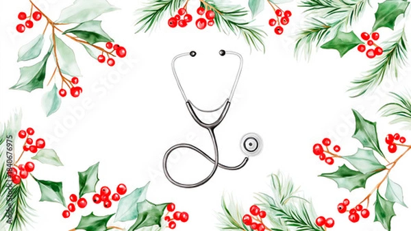 Fototapeta A flat lay illustration featuring a medical stethoscope centered on a white background, framed by a festive border of watercolor holly leaves, red berries, and pine branches. The design combines healt
