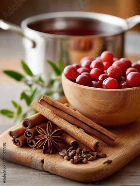 Fototapeta A close-up, still-life composition of ingredients for a seasonal recipe on a wooden surface. In the foreground, a wooden cutting board holds several cinnamon sticks, a whole star anise, and a pile of 
