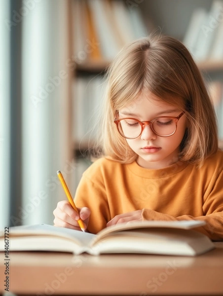 Fototapeta Young girl engaged in studying with a book in a warm library environment, wearing glasses and concentrating on her tasks, highlighting the importance of education