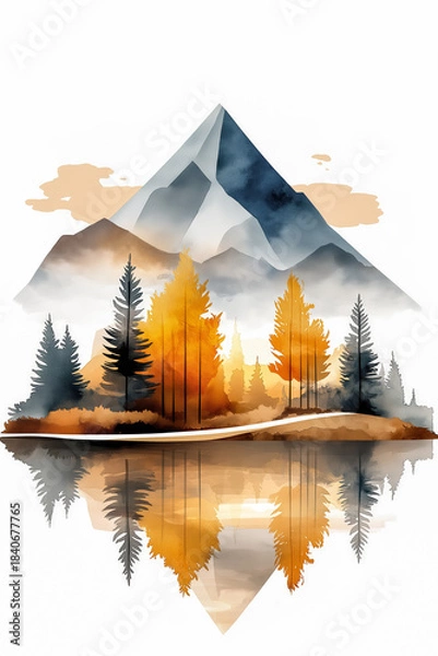 Fototapeta Majestic mountain landscape features vibrant autumn trees mirrored in calm lake water, highlighting the serene beauty of nature and its tranquil atmosphere