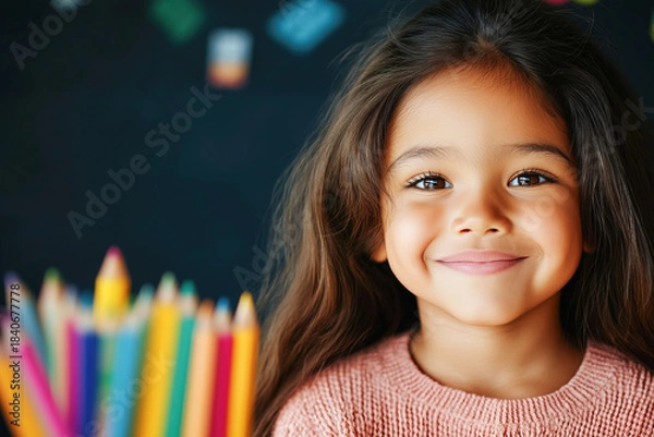 Fototapeta Smiling girl with long hair stands before vibrant crayons, expressing happiness and creativity in an educational setting, inspiring joy in learning