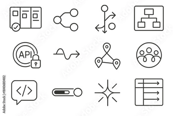 Obraz Engineering Collaboration Icons. Multi-Team Engineering Collaboration linear set: sprint board, linked commits, branching arrows, architecture tile, shared API token icon, sync
