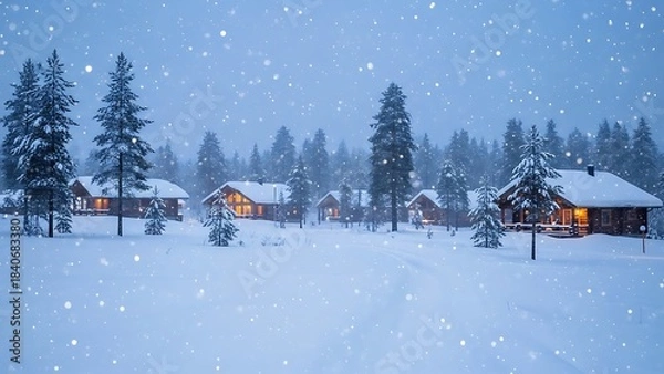 Obraz Winter Wonderland Village Cozy Log Cabins in Snowfall and Pine Forest Landscape.