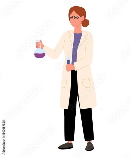 Obraz Woman in lab coat with brown hair tied in bun and wearing glasses. Woman smiling and holding test tube with purple liquid. 