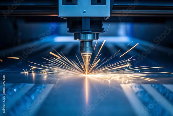 Fototapeta Industrial laser cutting machine in operation with bright sparks and blue lighting effects