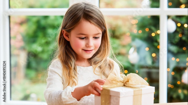 Fototapeta A young girl with long light brown hair and rosy cheeks, wearing a white lace top, smiles as she opens a gift. She is looking down at a white present box tied with a large, sparkly gold ribbon. The sc