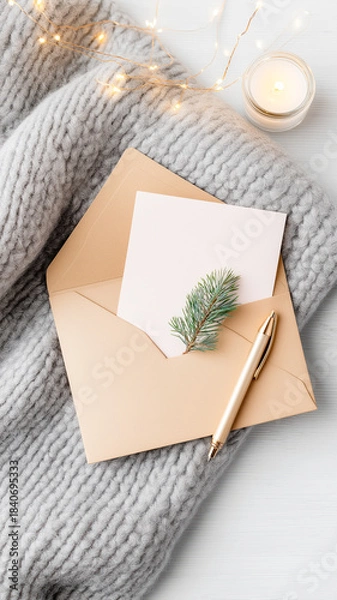 Fototapeta A vertical flat lay photograph featuring a brown kraft paper envelope with a blank card inside, resting on a chunky grey knitted blanket. A gold pen and a small green pine sprig decorate the envelope.