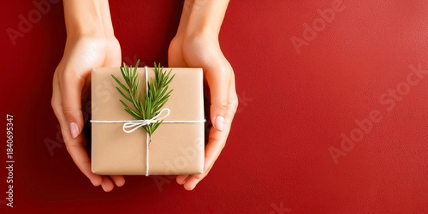 Fototapeta A top-down view of female hands holding a small, square gift box wrapped in brown kraft paper. The present is tied with a simple white string bow and decorated with a fresh sprig of green rosemary. Th