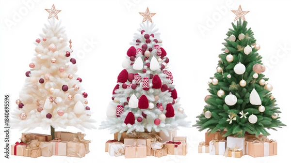 Fototapeta A set of three distinct Christmas trees arranged in a row against a clean white background. The tree on the left is white with pink and rose gold ornaments; the center tree is flocked with red and whi