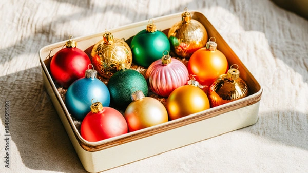 Fototapeta A high-angle shot of a rectangular box filled with an assortment of colorful Christmas ornaments. The collection includes red, green, blue, gold, pink, and orange baubles with various finishes such as